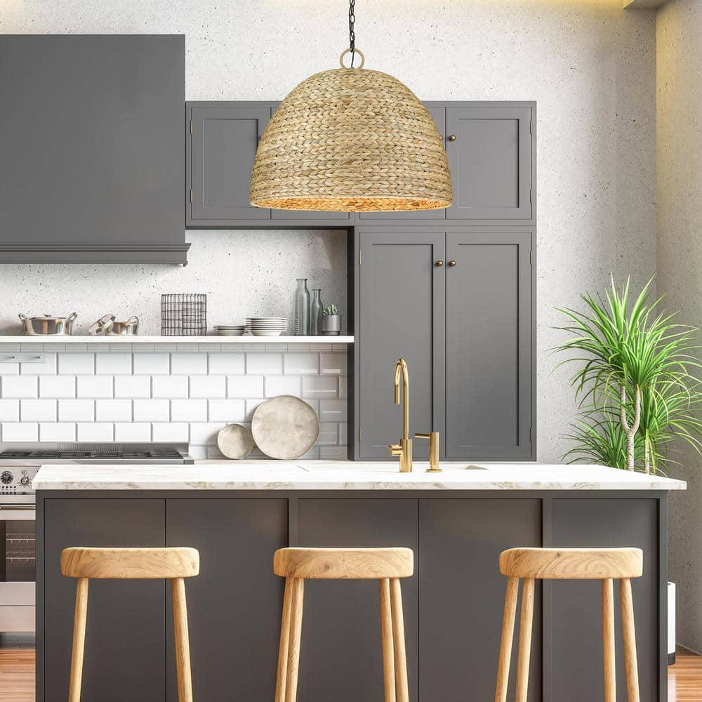 Matte Black and Woven Sweet Grass Dome Pendant Light