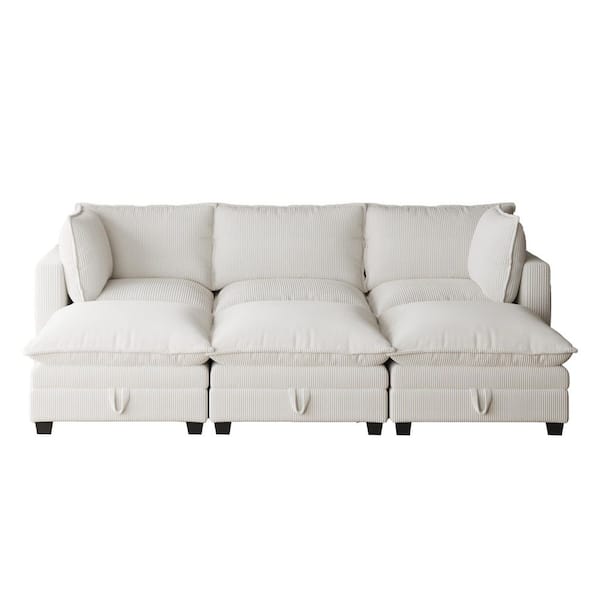Nathan James Chelsea 111 in. Modern Upholstered Square Arm 6-Piece Corduroy Conversation Pit Square Sectional Sofa in Pearl White