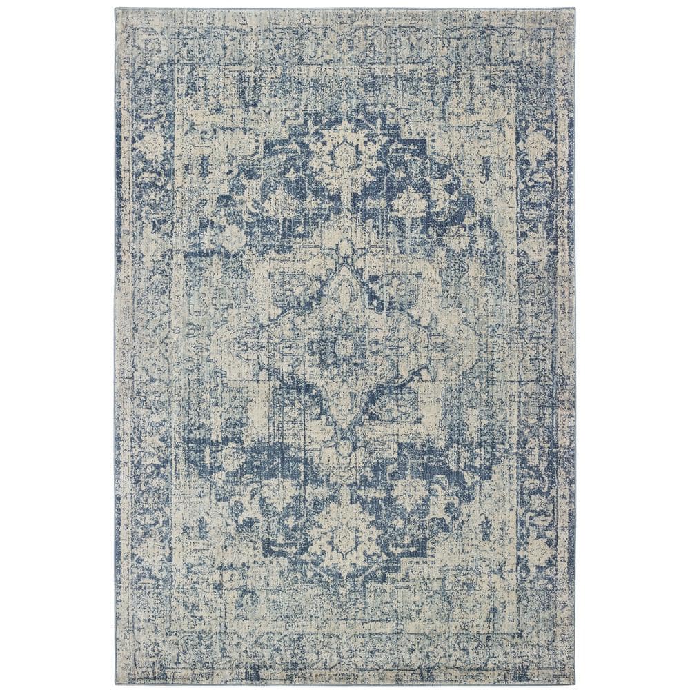 AVERLEY HOME Palmer Ivory/Blue 8 ft. x 11 ft. Distressed Medallion Area ...