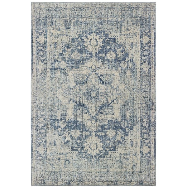 AVERLEY HOME Palmer Ivory/Blue 8 ft. x 11 ft. Distressed Medallion Area Rug
