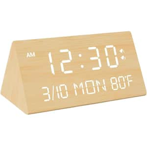 Wooden Bamboo Digital Alarm Desk Clock2 Alarm Setting 0-100% Dimmer Temperature and Date Display for Office and Bedroom