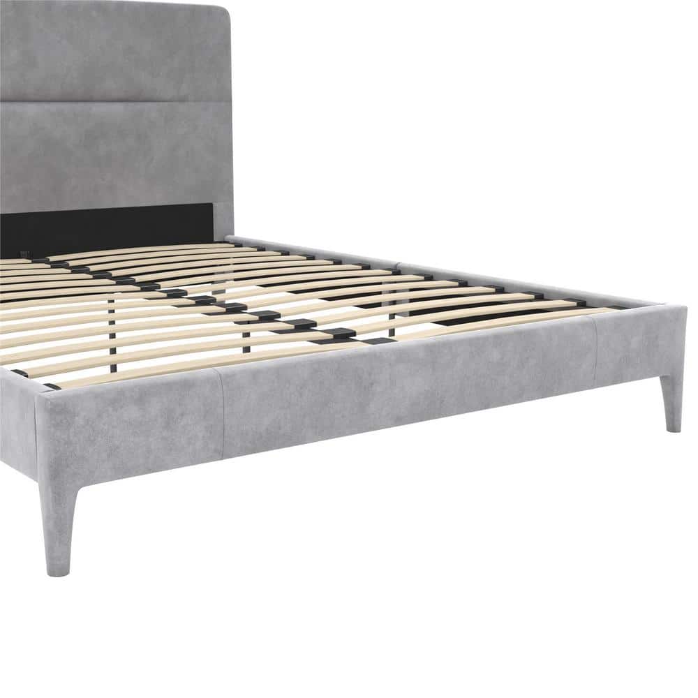 Full Light Gray Velvet Upholstered Platform Bed with Tufted Headboard