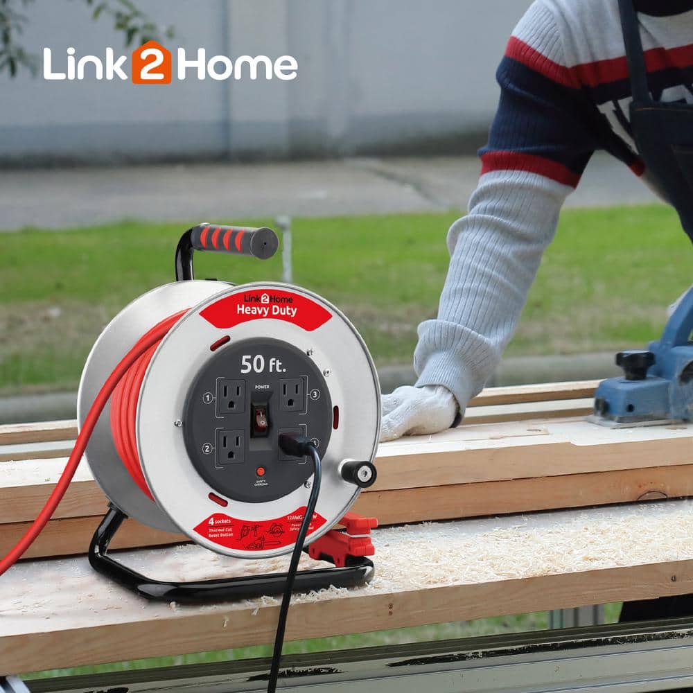Link2Home EM-CG-500E-DS 50 ft. Heavy-Duty Professional Grade Metal Cord Reel 50 ft. Heavy-Duty Professional Grade Metal Cord Reel - High Visibility 12 AWG SJTW Extension Cord with 4 Power Outlets - 2