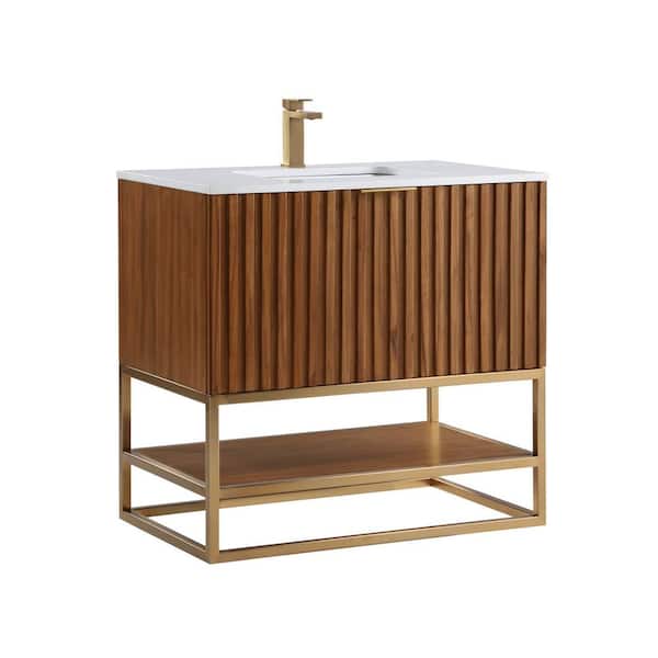 BEMMA Terra 36 in. W x 22 in. D x 34 in. H Bath Vanity in Walnut and Brass with Granite Vanity Top in White with White Basin