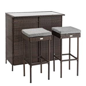 40 in. H 3-Piece Wicker Outdoor Serving Bar Set with Grey Cushions