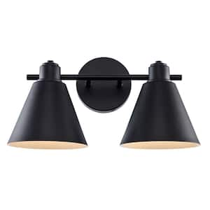 Forge 15.5 in. 2-Light Black Bathroom Vanity Light Fixture with Metal Cone Shades