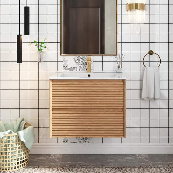 Unbranded 24 in. W Wall-Mounted Bath Vanity in Walnut with White Ceramic Top