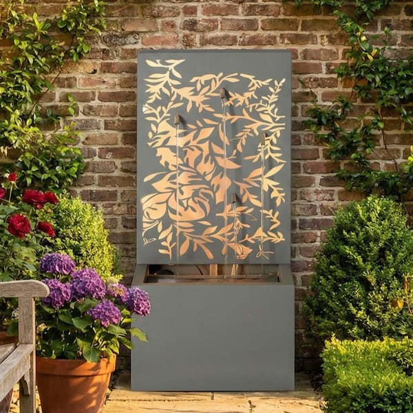 31 in. Gray Metal Outdoor Water Tiered Fountain, Leaf Cutout Water Wall Fountain with LED Light for Garden, Backyard