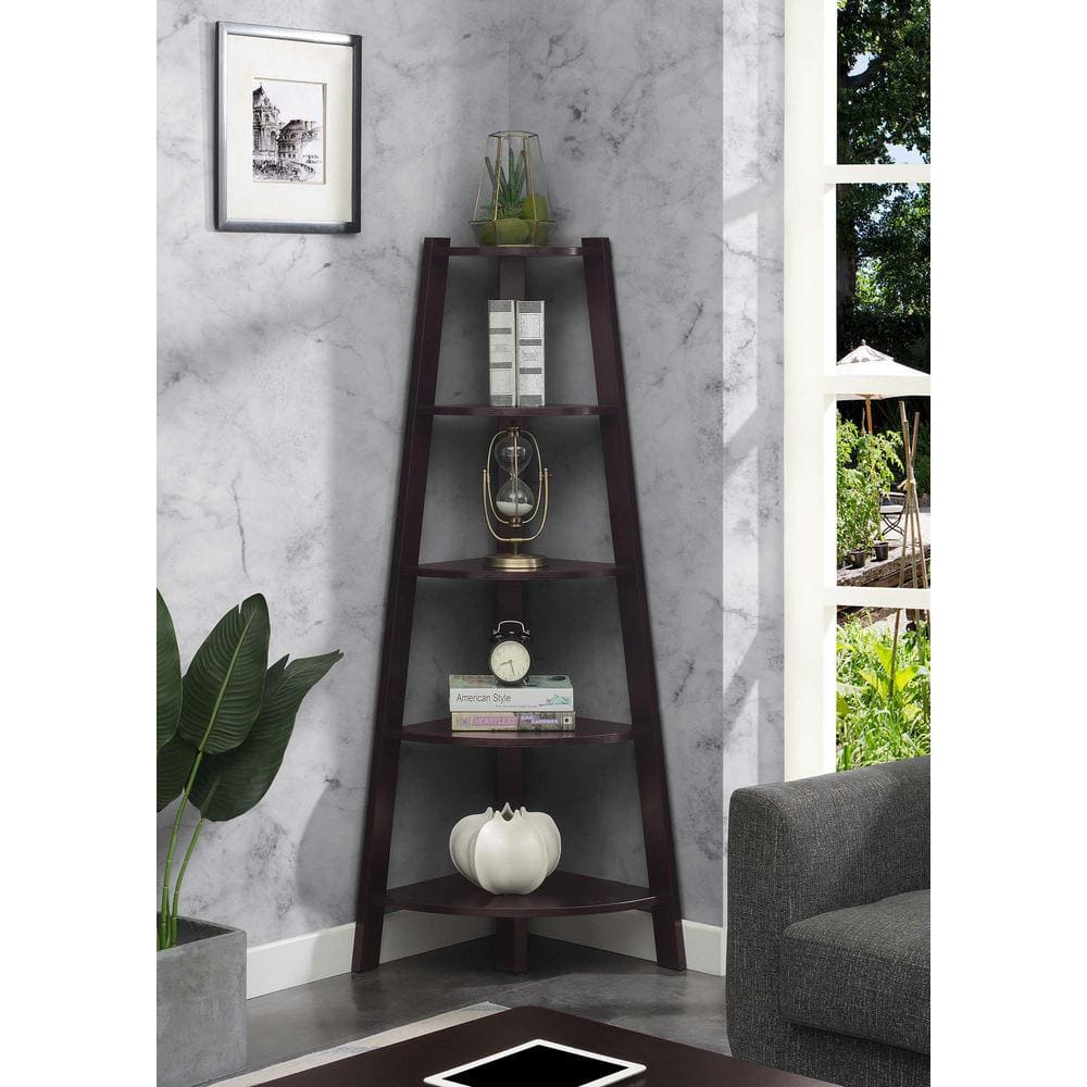 Espresso Wide Corner Wood Bookcase with 5 Tiers