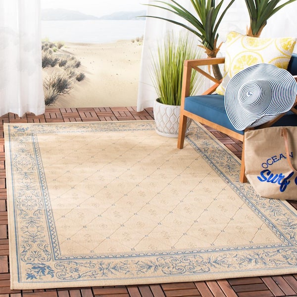 Courtyard Natural/Blue 5 ft. x 8 ft. Border Indoor/Outdoor Patio  Area Rug