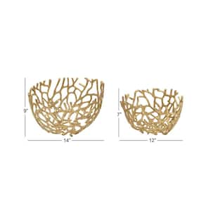 Gold Handmade Aluminum Coral Decorative Bowl with Mosaic Details (Set of 2)