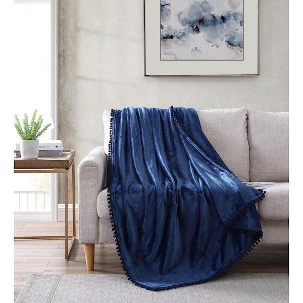 The Nesting Company Walnut Flannel Pompom 50 in. x 70 in. Throw Navy
