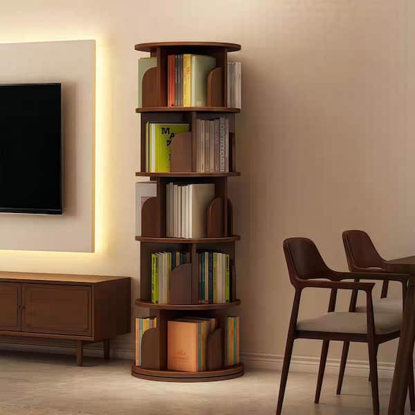 62 in. Tall H 360° Wood-MDF Walnut Brown-No Drawer 6-Shelf Bookcase, Bookshelf Tower, Storage Cabinet for Books, Toys