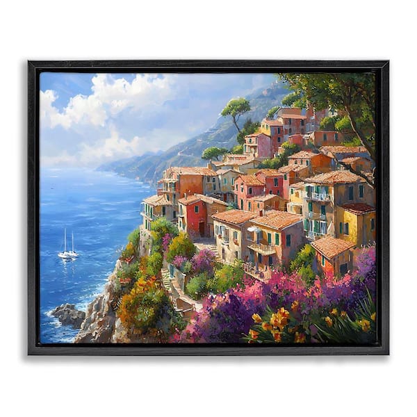 Stupell Industries Coastal Seaside Village View by Franklyn Gregory Black Floater Frame Abstract Graphic Art Print 17 in. x 21 in.