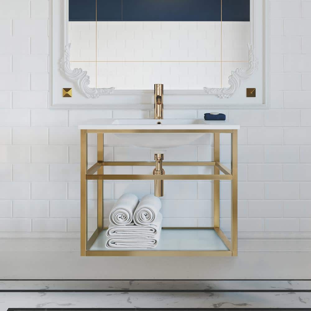 Pierre 35.4" Gold Stainless Steel and Glass Single Bathroom Vanity