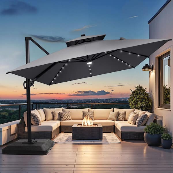 10 ft patio offset cantilever umbrella with solar lights 10x10 Square LED and Cross Base, 360° Rotation Large Heavy Duty Outdoor Umbrella with Easy Tilt Whether you are hosting a lively barbecue or enjoying a quiet glass of wine on the deck I-POOK 10FT Solar LED Patio