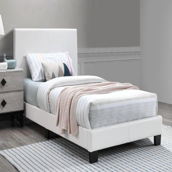 Benjara White Wooden Frame Queen Platform Bed with Padded Headboard