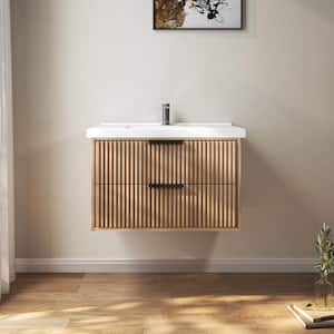 VLeaf 30 in. W x 19 in. D x 19 in. H Single Sink Wall Hung Bath Vanity Cabinet in Weather Fir with White Ceramic Top