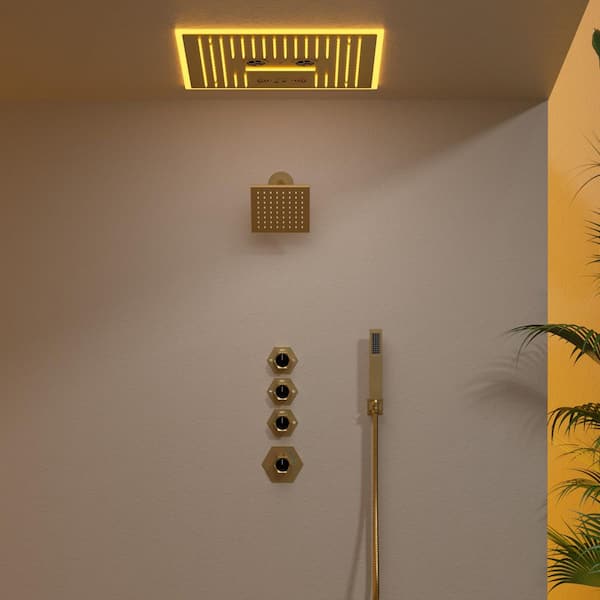 GRANDJOY 16 in. AuroraMist LED Shower 17-Spray Dual Ceiling Mount Fixed and Handheld Shower Head 2.5 GPM in Brushed Gold