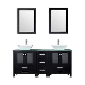 60.6 in. W x 21.3 in. D x 58.6 in. H Double Sinks Bath Vanity in Black with Clear Glass Counter Top and Mirror