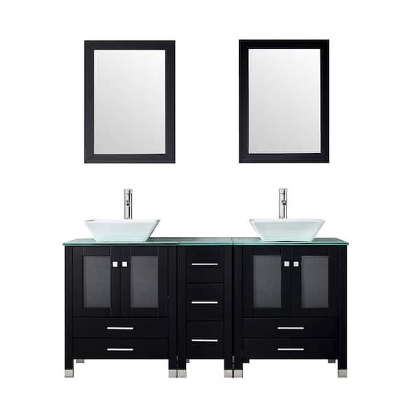 Wonline 60.6 in. W x 21.3 in. D x 58.6 in. H Double Sinks Bath Vanity in Black with Clear Glass Counter Top and Mirror