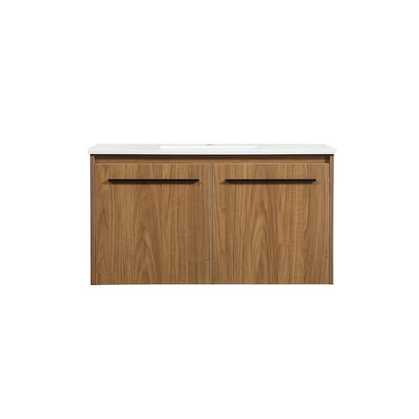Unbranded Simply Living 36 in. W x 18 in. D x 19.7 in. H Bath Vanity in Walnut Brown with Ivory White Engineered Marble Top