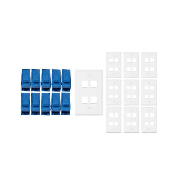 10-Pack 1-Gang White Keystone Plastic Wall Plate 4-Port & 10 Cat 6 RJ45 Keystone Inline Couplers Blue