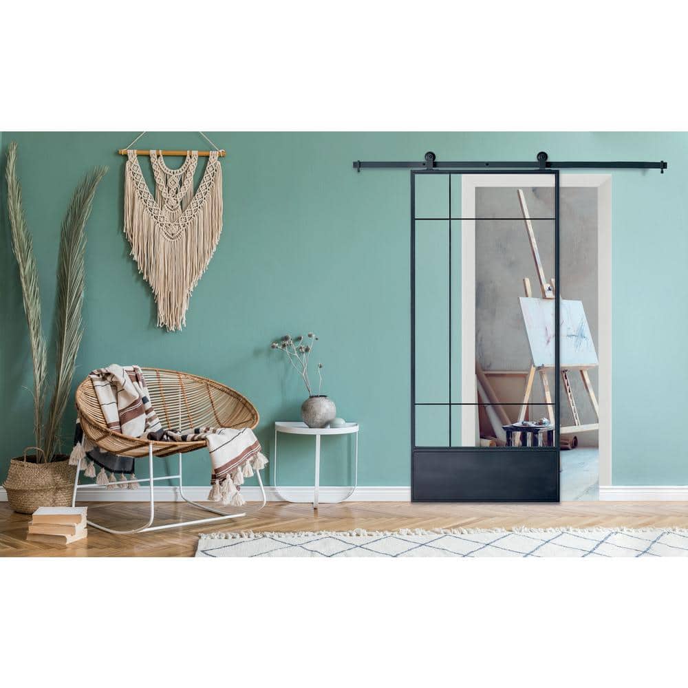 Bastille 37'' x 84'' Clear Glass Black Metal Sliding Barn Door