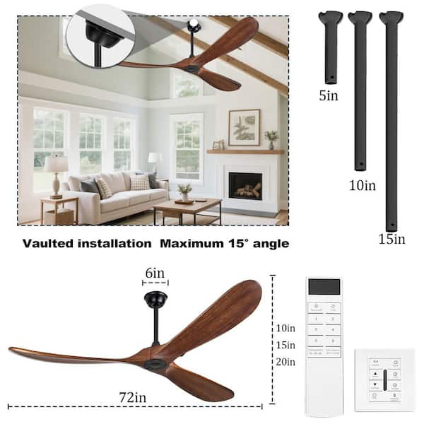 72 in. Outdoor Large Black Red-Brown Wood Baldes Ceiling Fan with Remote Control for Patios