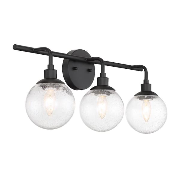 Que 23.75 in. 3-Light Flat Black Finish Vanity Light with Clear Seeded Glass Shade