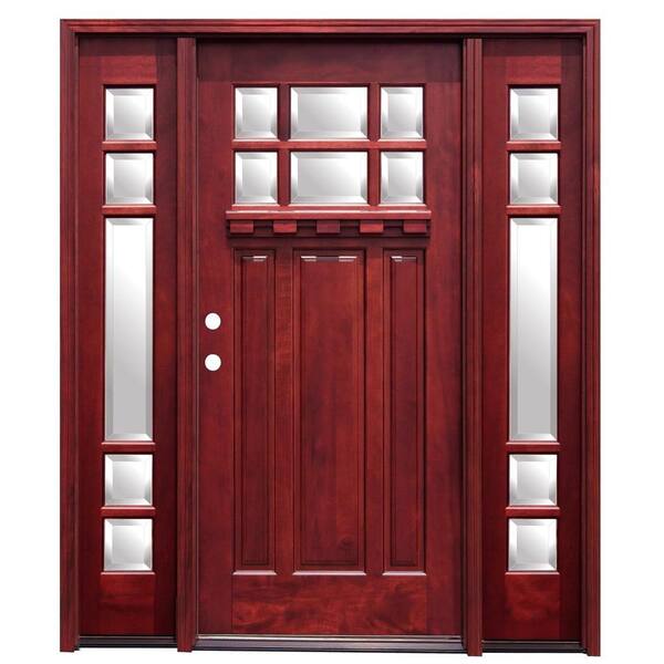 Pacific Entries 70 in. x 80 in. Craftsman 6 Lite Stained Mahogany Wood Prehung Front Door with Dentil Shelf and 14 in. Sidelites
