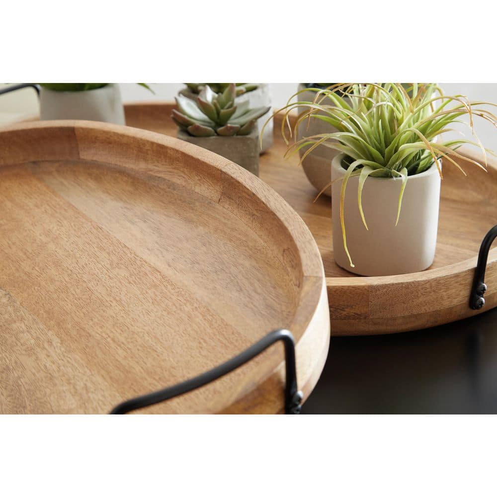 Jocelyne Contemporary 17" Brown Wood & Metal Serving Tray Set