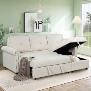 83.1 in. Width Beige Polyester Convertible Sectional 3-Seats Sleeper Sofa with Storage Space