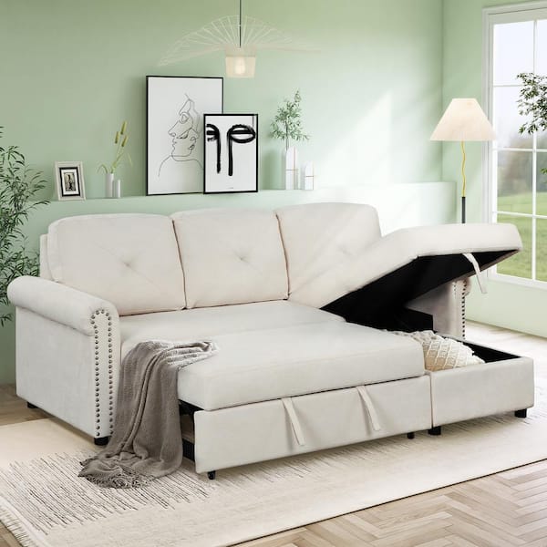 Harper & Bright Designs 83.1 in. Width Beige Polyester Convertible Sectional 3-Seats Sleeper Sofa with Storage Space