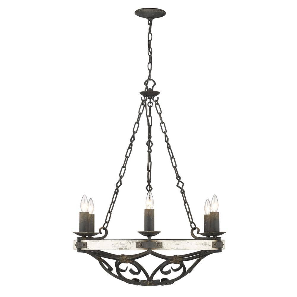 Madera Elegance 6-Light Antique Black Iron & Wood Chandelier