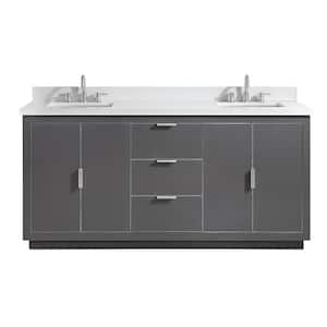 Austen 73 in. W x 22 in. D Bath Vanity in Gray with Silver Trim with Quartz Vanity Top in White with Basins