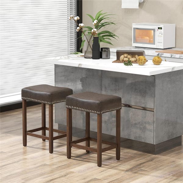 24 in. Gray Backless Wood Bar Stool with PU Seat Set of 2