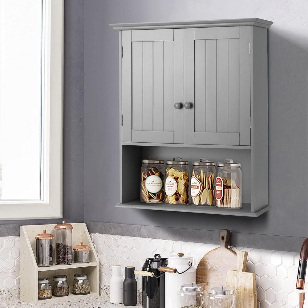 Gray MDF and Particle Board Bathroom Storage Wall Cabinet with 2 Doors and 3 Shelves