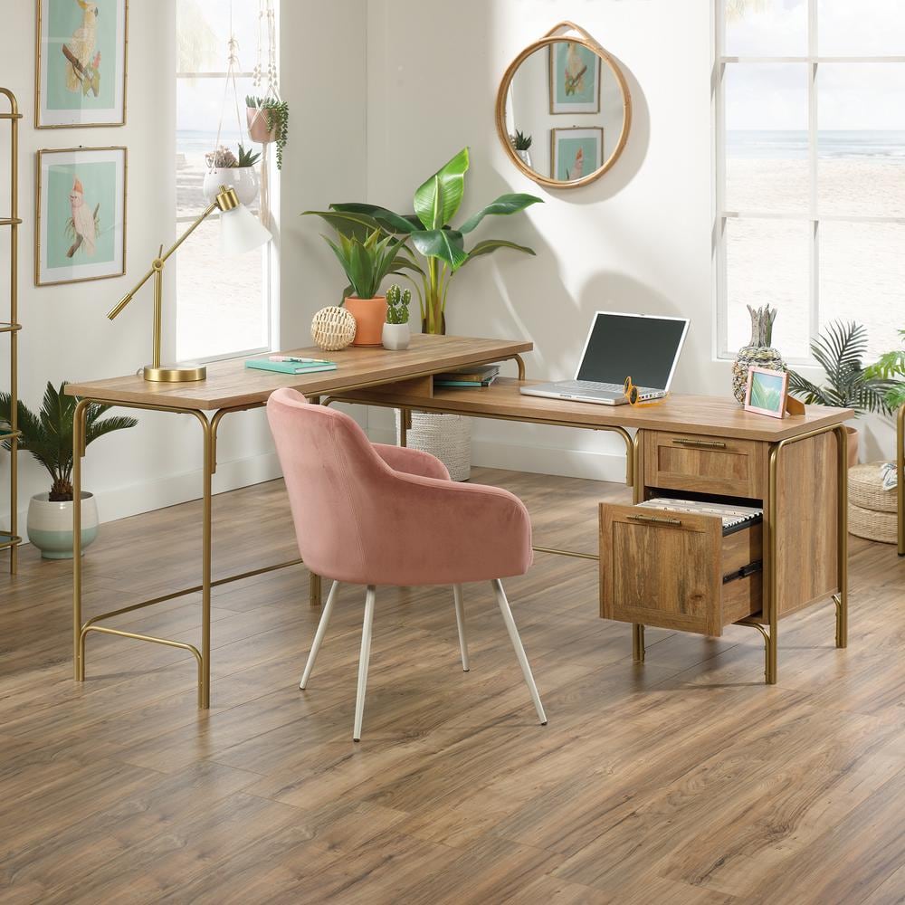 Sindoori Mango L-Shaped Wood Desk with Gold Frame