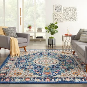 Passion Blue/Multicolor 8 ft. x 10 ft. Bordered Transitional Area Rug