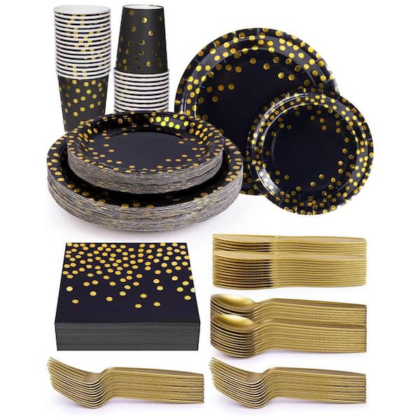 Adrinfly Black Gold Disposable Tableware Set, 224 Pieces (Serves 32)