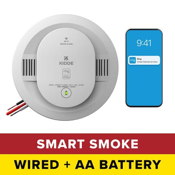 Hardwired Smart Smoke Detector and AA Battery, Ring App Enabled, Wireless Interconnect, Voice Alerts, RGSAR-RW