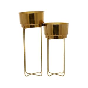31in. Extra Large Gold Metal Planter with Removable Stand (2- Pack)