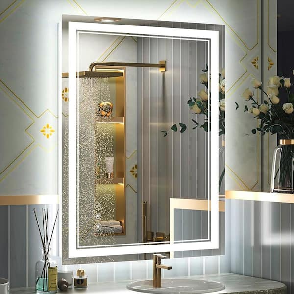 IDEAGLE 28 in. W x 24 in. H Transparent Rectangular Frameless Wall Mount Bathroom Vanity Mirror with Lights, Memory Function