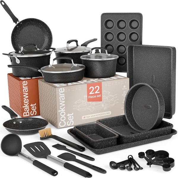 22-Piece Non Stick Cookware and Bakeware Sets, Dark Gray