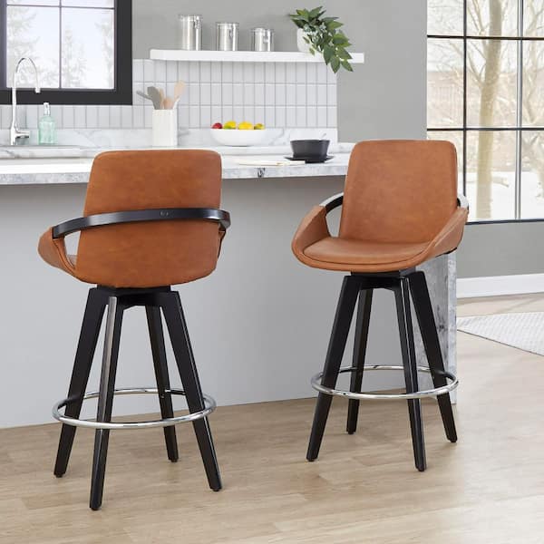 Cosmo 39 in. Black Wood, Camel Faux Leather and Chrome Metal Fixed-Height Counter Stool with Round Footrest (Set of 2)