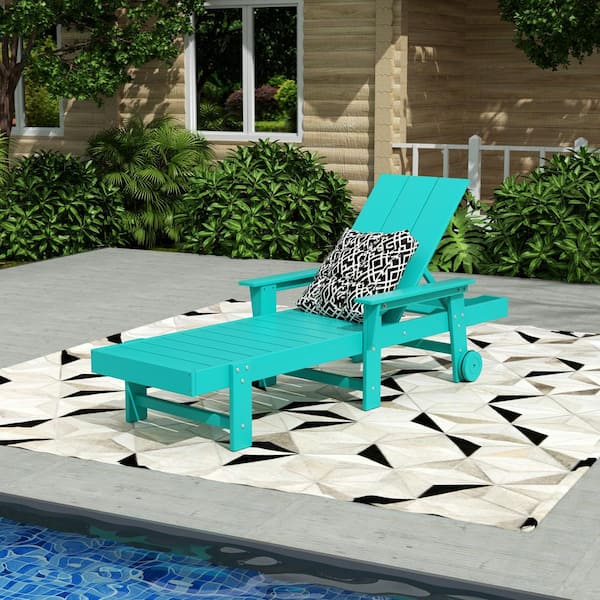 Shoreside Turquoise Fade Resistant All Weather HDPE Plastic Outdoor Adjustable Chaise Lounge Arm Chair with Wheels