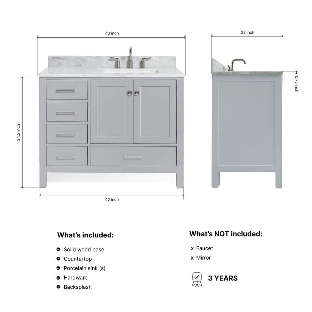 Cambridge 43" Gray Freestanding Vanity with White Marble Top