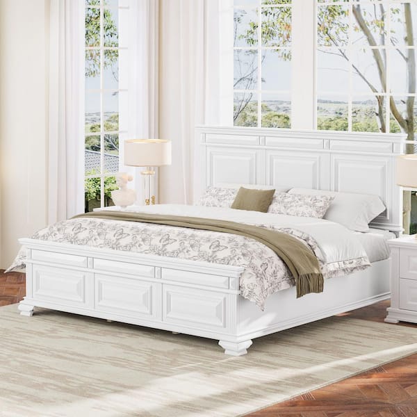 White Farmhouse Solid Wood Frame King size Platform Bed with Slat, Tall Headboard, and Footboard