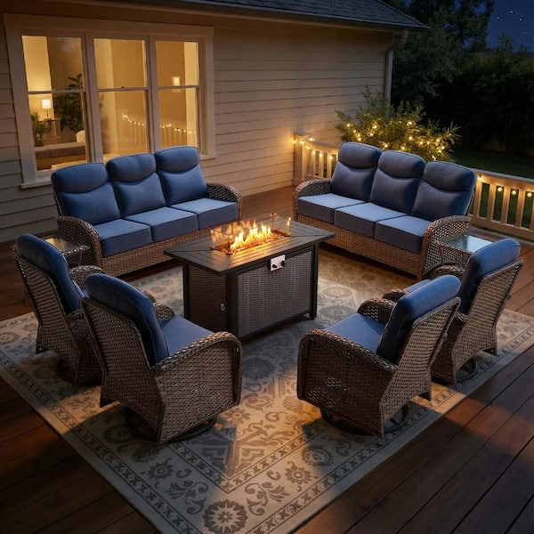 Luna Brown 9-Piece Wicker Outdoor Patio Fire Pit Deep Seating Set with 6 in. Olefin Navy Blue Cushions
